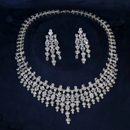 Luxury Floral Design Wedding Dubai Bridal Jewelry 2 PCS Set Shiny Cubic Zirconia CZ Necklace Pendant Earrings X0202