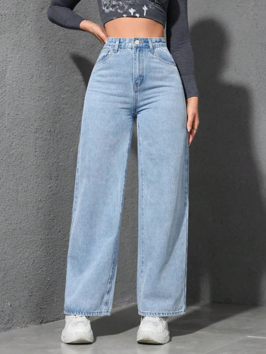 Women Solid Straight Wash High Elastic Waist Denim Pants
