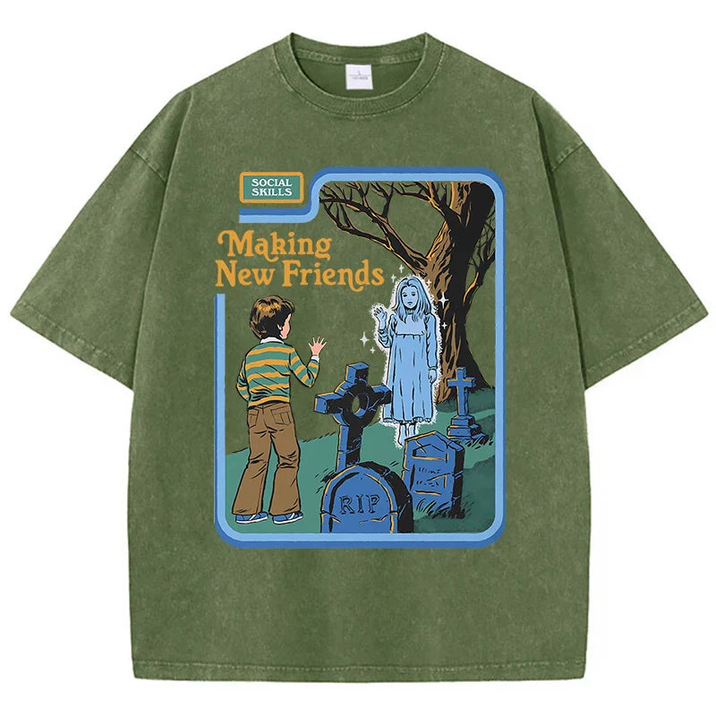 Social Skills Making New Friends Washed Retro Male Women T-Shirts Hip Hop Breathable Tops Casual T Shirt Oversized Cotton T-Shir