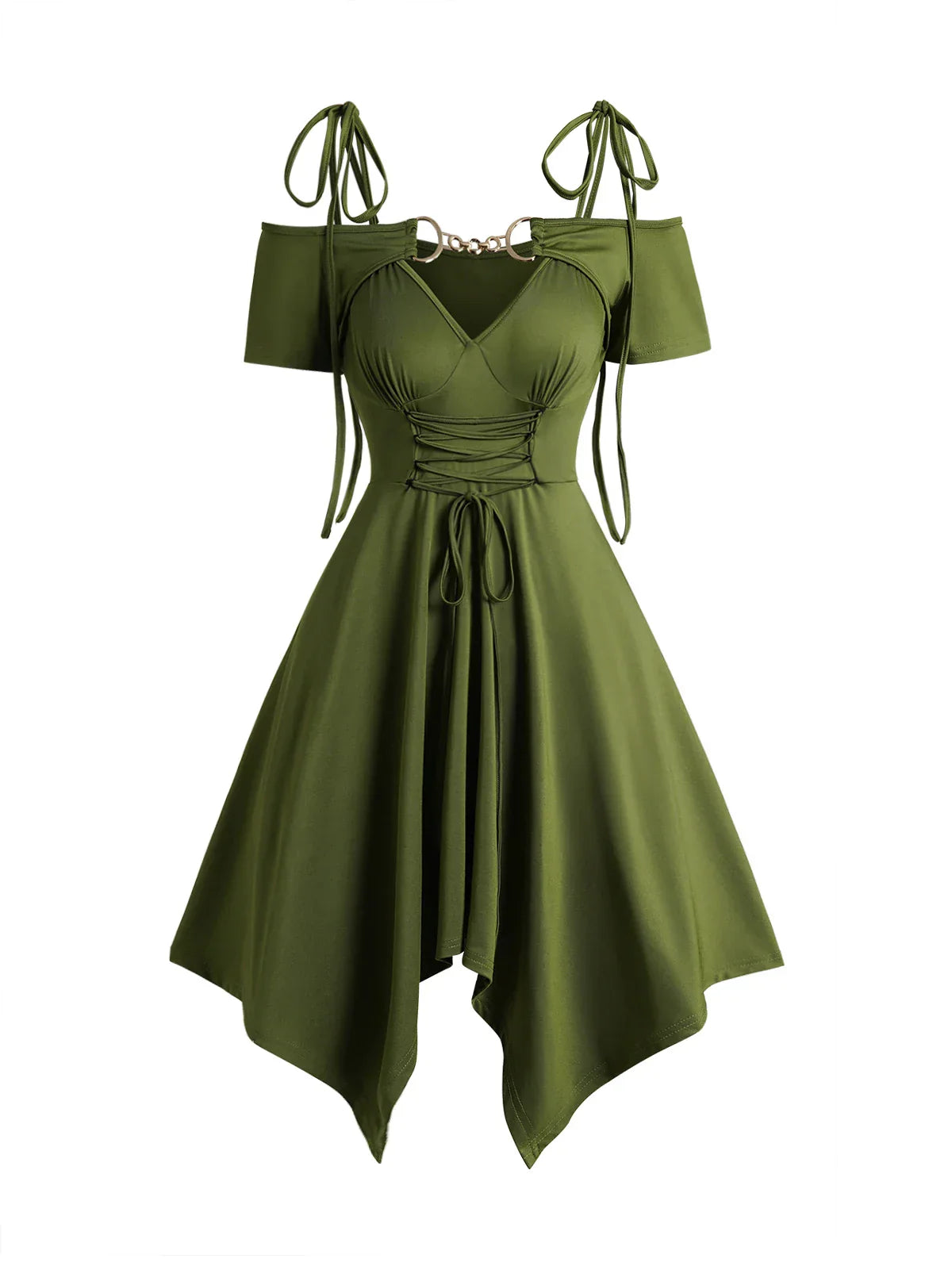 Women's Dress Cold Shoulder Lace Up Asymmetric Dress Tie Knot Shoulder Chain Solid Color Short Sleeve Dress