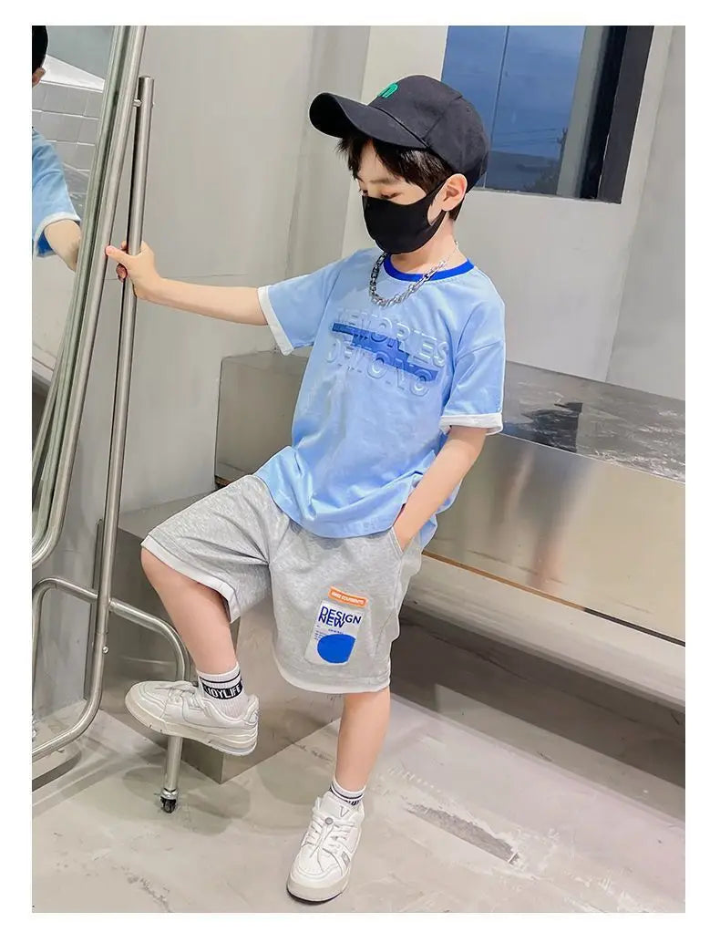 Teen Boys Tracksuit Clothes Sets 2026 Summer Children Gradient Letter Print Short Sleeve T-shirt+Shorts 2Pcs Kids Casual Outfits