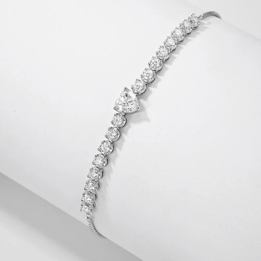 2.5mm Full Moissanite Tennis Riviera Bracelet With 6mm Heart Cut Diamond Adjustable Wrist Chain S925 Silver for Women Jewelry