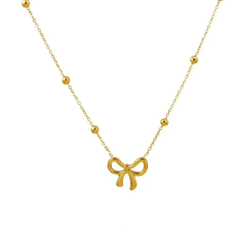 Stainless Steel Beads Chain Hollow Bowknot Pendant Necklace for Women Niche Simple Jewery Accessory