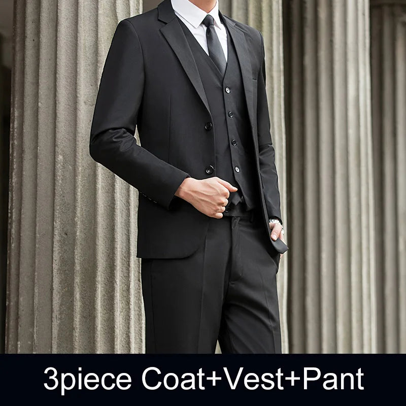 Man Three-piece Sets Fashion Turn Down Collar Coat+Single-breasted Vest+Pant Male Outfit Solid Color Business Wedding Men Suit