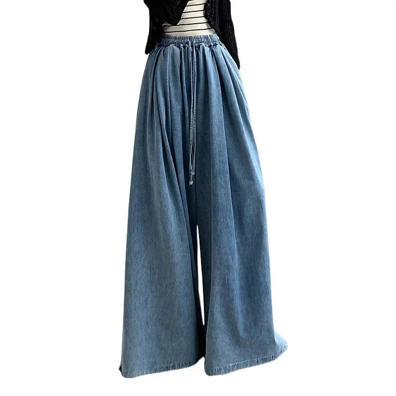 Calça Jeans Feminina Solta Plus Size Outono 2024 Nova, Perna Larga Emagrecedora, Comprimento Até o Chão, Estilo Simples Casual