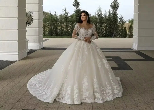 Customized Illusion Neck Church Wedding Dresses Long Sleeve Robe Lace Beading Bride Dress Ball Gown Women Vestidos de novia