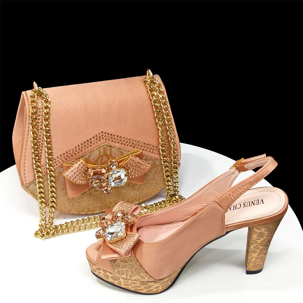 Rhinestone Design INS Hot Sale New Arrivals African Shoes and Bag Set in Blue Color Open Toe Comfortable Women Heels