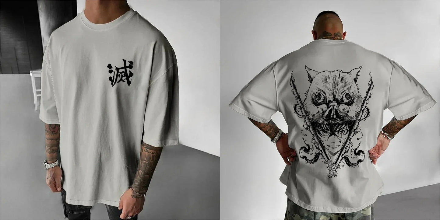 Camiseta Masculina Demon Slayer Inosuke Hashibira Japão Anime Verão Menino Primavera e Outono Manga Curta Infantil Roupa Tal Mãe Tal Filho