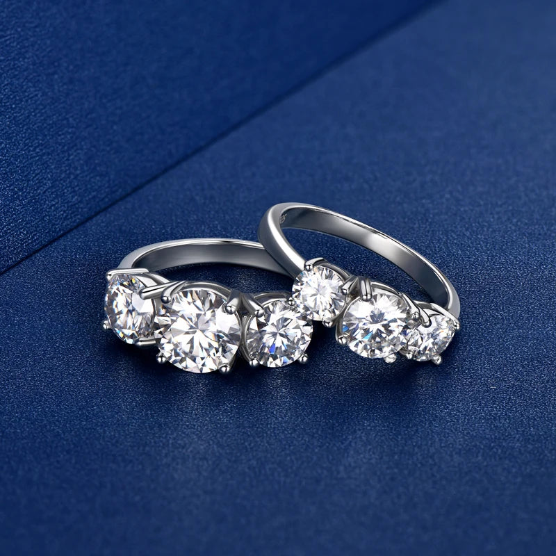 925 Silver Ladies Fashion Engagement Rings Round Cut 6.5mm/8mm Moissanite Three Stone Ring for Women Wedding Jewelry