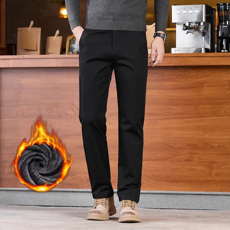 2025 Winter Fleece Pants Men's Pocket Fashion Thickened Cotton Stretch Comfort Plush Straight Business Pants Male