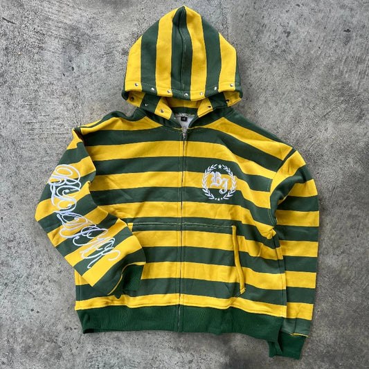 Y2K Street Kid Zip Up Hoodie Stripe Rivet Embroidery Pattern Sweatshirt New Men Hip Hop Fashion Streetwear Unisex Boxy Clothing