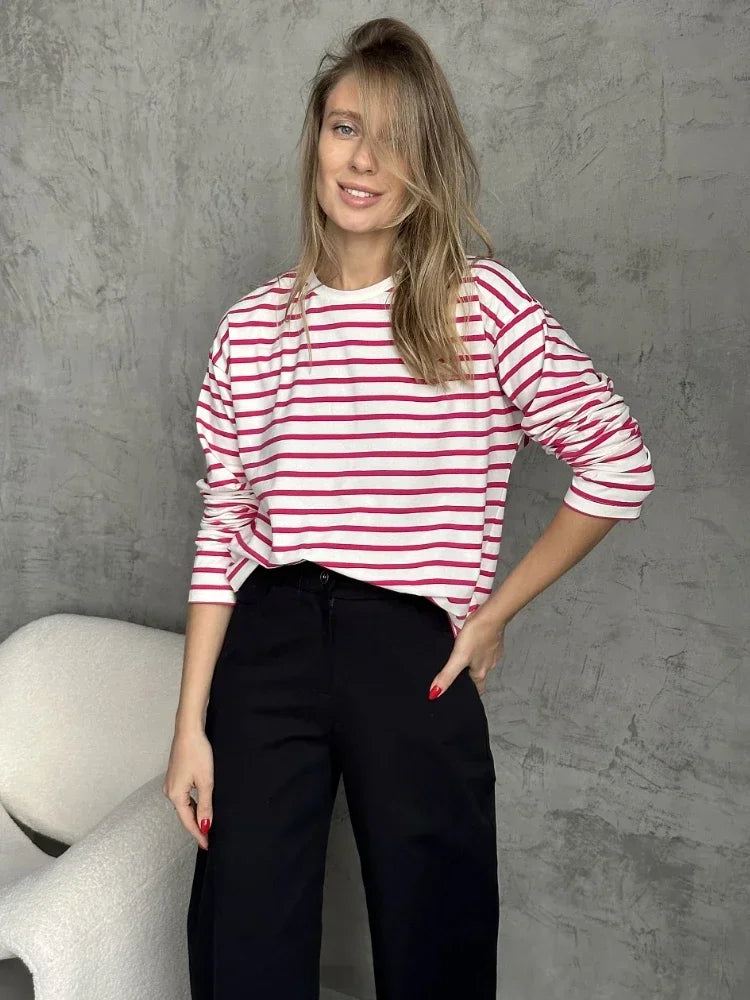 2025 Summer Long Sleeve Striped T-Shirts Women Basic Casual Tops Female Cozy Loose Cotton Tees Harajuku T Shirt New