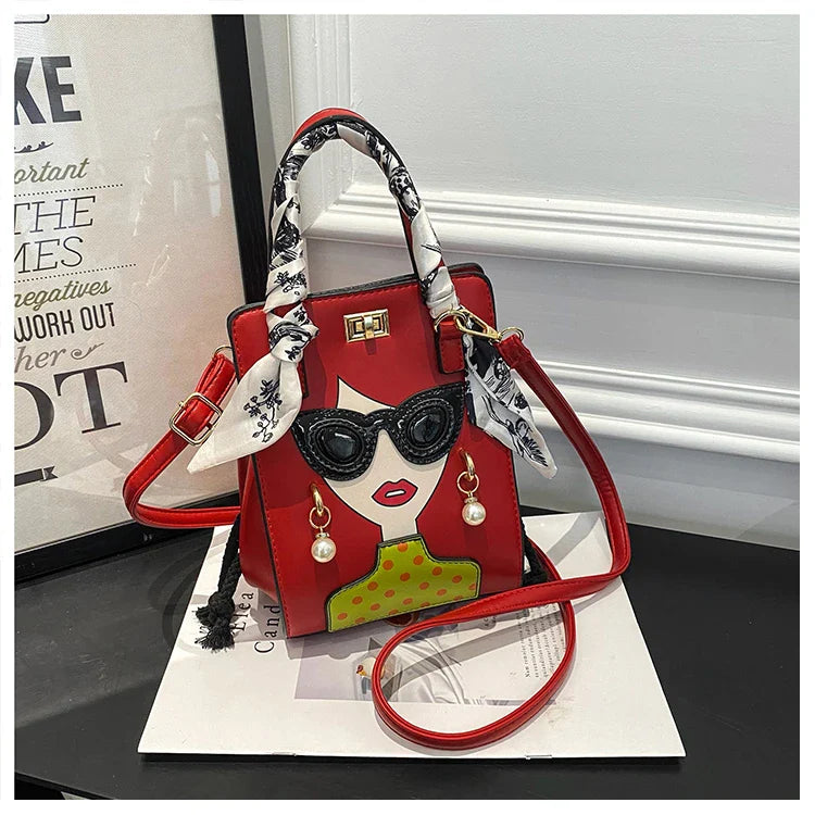 Cartoon Girl Handbag High Quality PU Leather Shoulder Bag for Women Pearl Crossbody Bag Designer Messenger Bag Female Satchel
