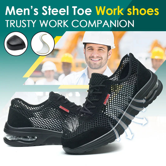 Men's Summer Steel Toe Safety Shoes Anti-Crush And Piercing Breathable Lightweight Outdoor Pure Black Work Shoes