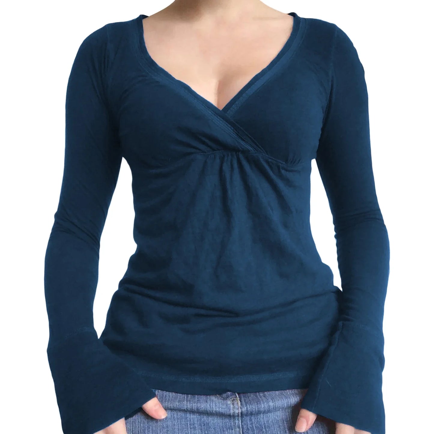Women y2k Long Sleeve Bodycon T-Shirts Sexy V Neck Low-cut Solid Color Soft Slim Fit Tops Spring Fall Casual Going Out Tee Top