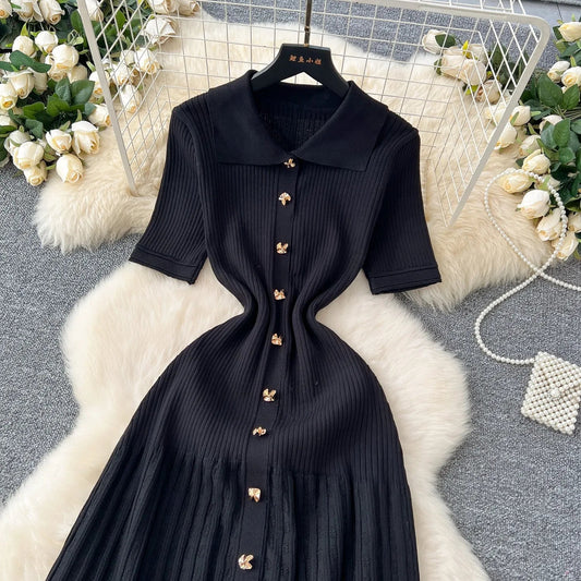 Fashion Elegant Patchwork Knitted Maxi Dress 2025 Summer Lady Turn-down Collar Shirt Sweater Dress Party Vestidos