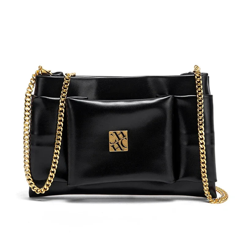 Leather Luxe Sleek Shoulder Bags Gold-Plated Logos Durable Chain Straps Merge High-End Craftsmanship with Urban Style