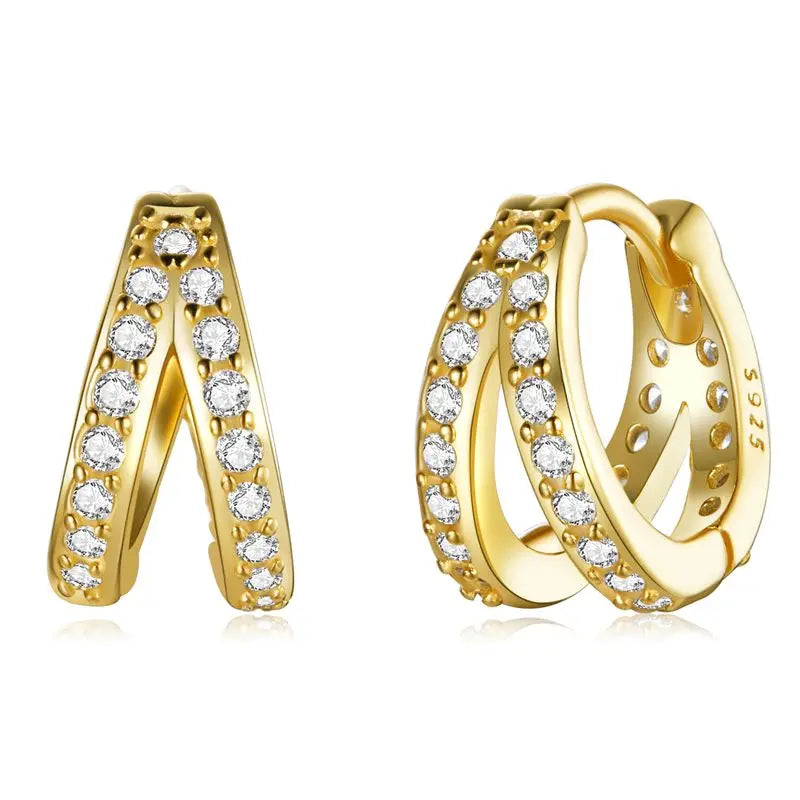 925 Sterling Silver Classic Geometry Earrings Women Zircon Crystal Double Rings Ear Hoop Earrings 3 Colors SCE1187
