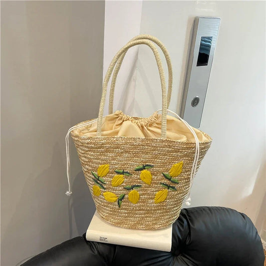 Embroidery Fruit Solid Color Shoulder Bag Straw Woven Hollow Versatile 2025 High Quality Bags for Women New Beach Handbags