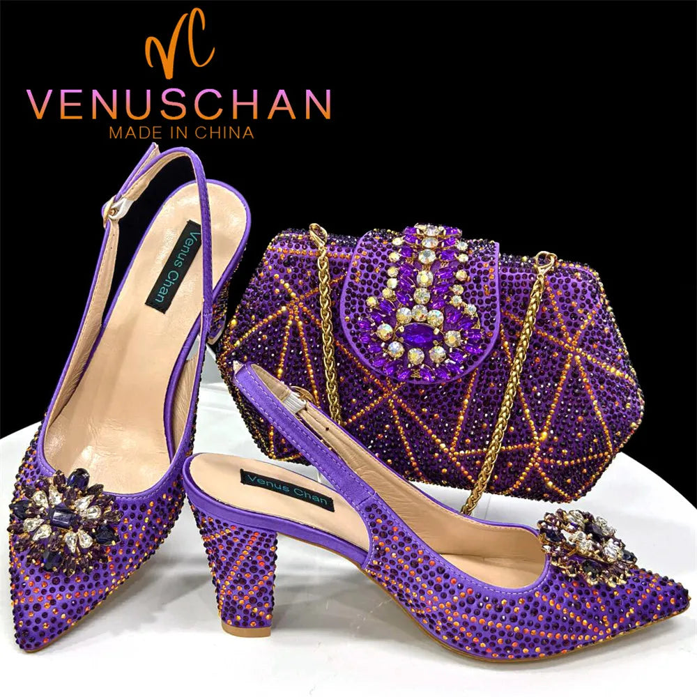 INS Style Green Party Shoe and Bag Set in Women Pointed-Toe Rhinestone High Heels Elegant African Ladies Shoes