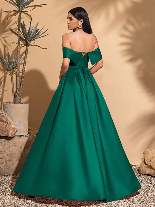 Off-the-shoulder satin dress with back tie, elegant and chic dress