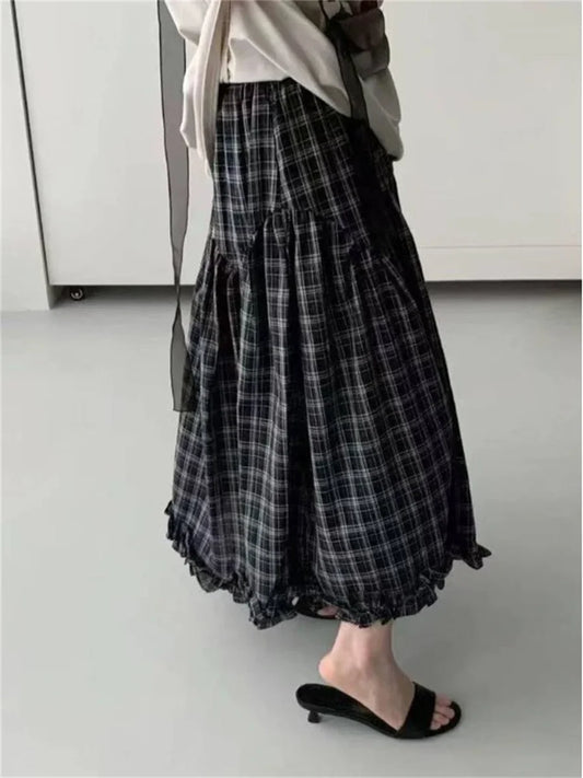 Retro Black Plaid High Waist A-Line Midi Skirt Women's Summer New Korean Fashion Maxi Skirt Lace Trim Umbrella Skirt Streetwear