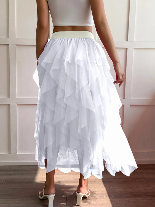 Medium waist chiffon long skirt for women, irregular layered pleated edge layered cake skirt, elegant fairy A-line skirt