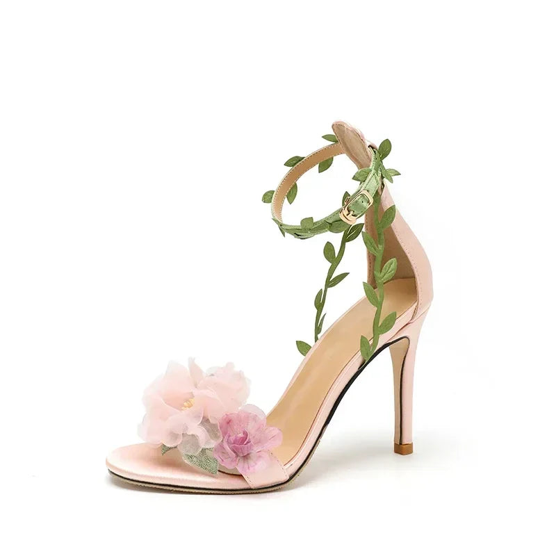 Summer Pink Sweet Chiffon Flower Dream High Heels Lace up Sandals Wedding Banquet Women's Shoes