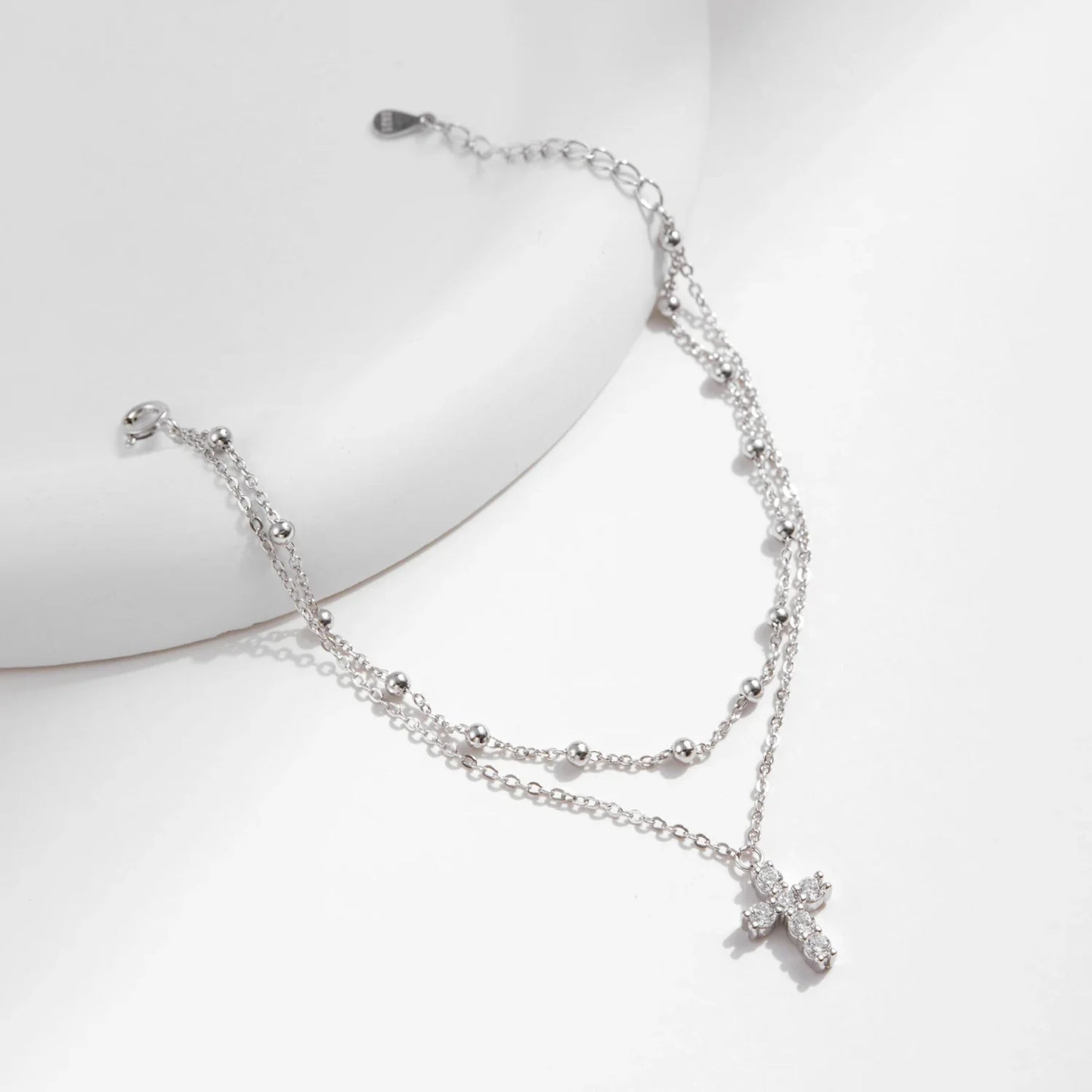 Exquisite Cross CZ Bracelet 925 Sterling Silver Stackable Double Layer Link Chain Beads Bracelets For Women Fine Jewelry