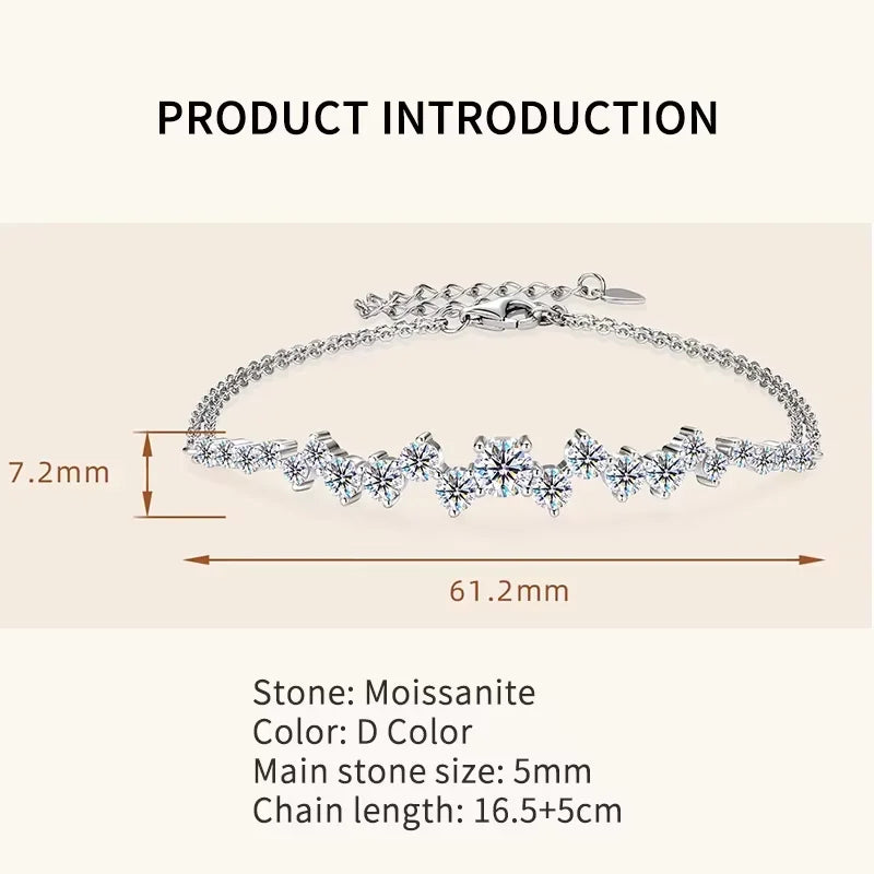 Moissanite Bracelet With Certificate 925 Sterling Silver Adjustable Double Chain Bracelets for Women Wedding Jewelry Gift