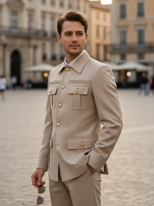 Slim fitting Men's Suit thin version Classic Fit Single Breasted Multiple pockets Solid Color Casual Business