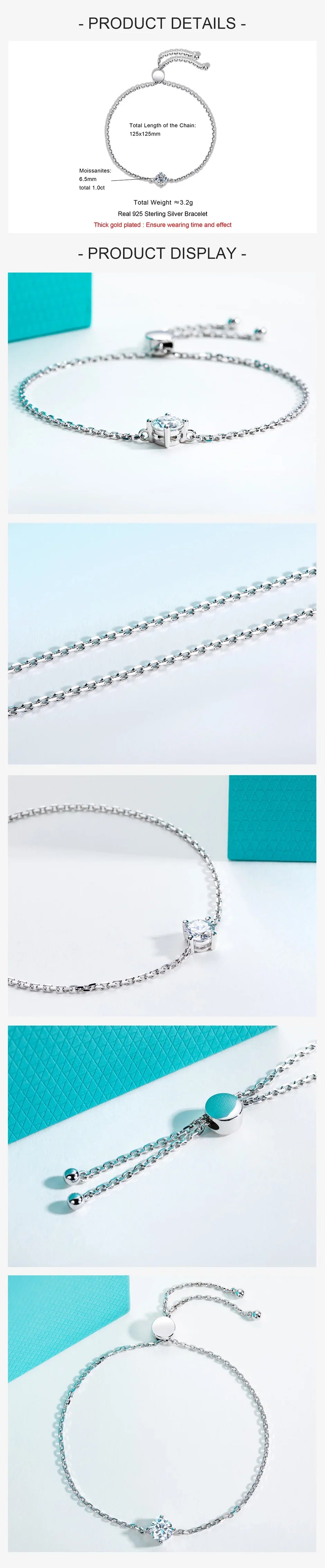 1ct Moissanite Bracelet 925 Sterling Silver Lab Created Diamond 12.5x12.5cm Adjustable Bracelets for Woman Jewelry Gift