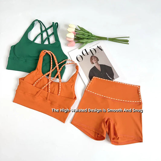 2Pcs Yoga Sets Naked Feel Gym Set Women Workout Clothes High Waist Yoga Shorts And Strappy Sports Bra Short Sets Summer