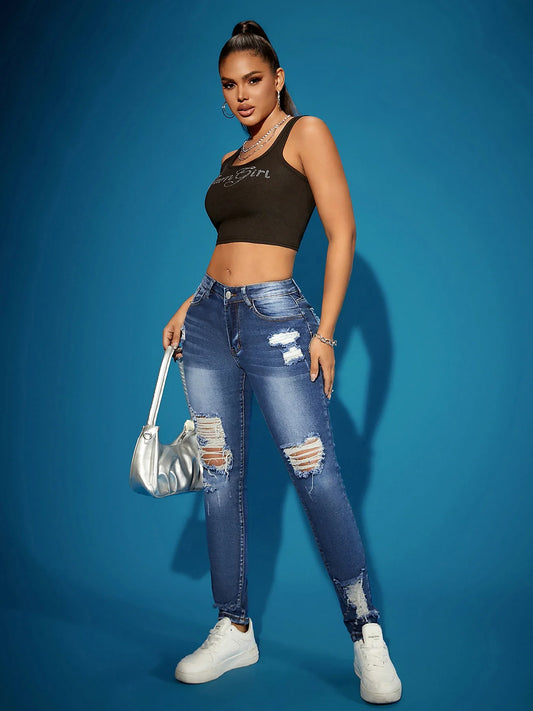 Women's Ripped Super Stretch Skinny Jeans High Waist Tummy Control Black Destroyed Vintage Nightclub Trendy Hot Selling