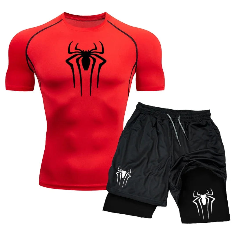 New Compression Set Spider Print Sportwear for Men Quick Dry GYM Shorts+Shirt 2PCS Quick Dry Short Sleeve Trainning Sport Suit