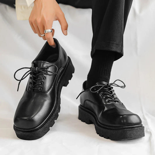 Men's Formal Shoes with Flat Heel Low Top Lace-up Solid Color Thick Sole Unique and Fashionable New Style Leather Shoes