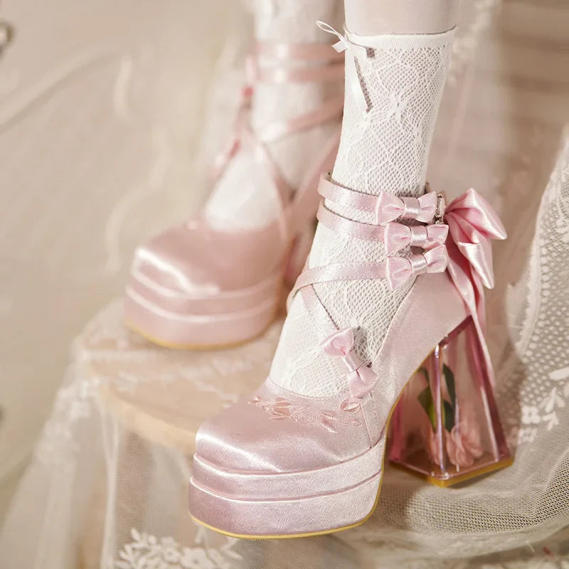 Original Lolita Red High Heels Women's Sweet Elegant Bow Velvet Mary Jane Shoes Ladies Birthday Party Cos Platform Shoes Spring