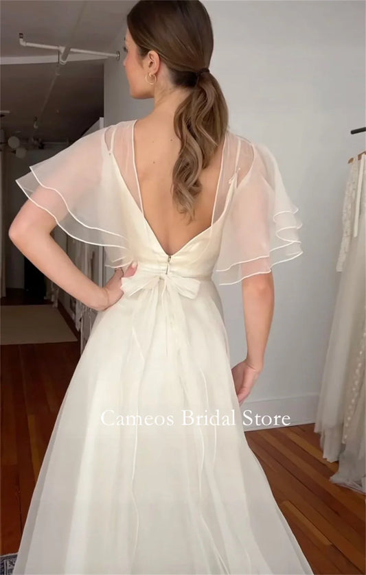 Fashion Korea Tiered Sleeves Organza Wedding Dresses V-Neck Floor Length Photo Shoot Corset Customized Bridal Gown