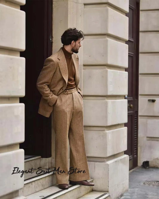 Herringbone pattern Kent blazer Pants Retro Italian style Men's Business Suit Set (Jacket+trousers)tall men tailored suit set
