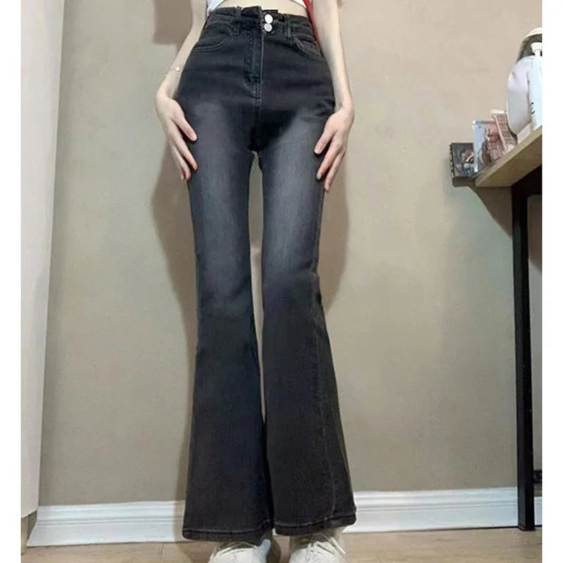 High Waist Elastic Boot Cut Pants Denim Bell Bottom Trousers