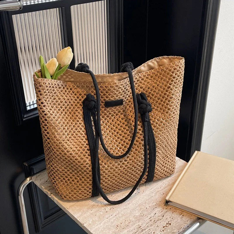 Bolsa Sacola de Palha Tecida de Verão Bolsa de Ombro Feminina Casual de Praia para Férias Bolsas Femininas de Grande Capacidade Cor Sólida