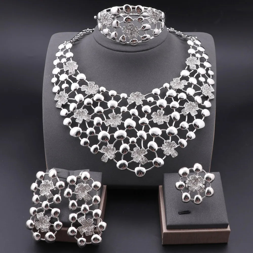 Conjuntos de Joias Elegantes Dubai Banhado a Prata Joias Femininas Colar Pulseira Brincos Anel Acessórios de Noiva para Festa de Casamento