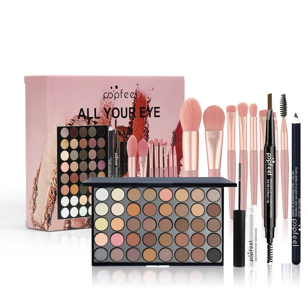 Professional Eye Makeup Set: Eyeshadow Palette, Eyeliner, Brow Pencil, Mascara +8 Makeup Brushes - Perfect for Beginners