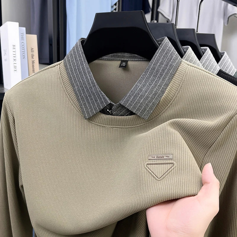 High Quality Men's Polo Shirt Contrast Color Lapel Long Sleeve T-Shirt Autumn New Exquisite Print Top Casual Business Menswear