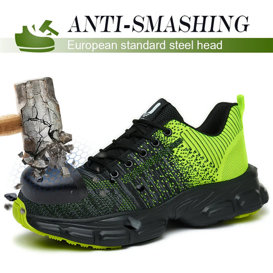 Women's Steel Head Safety Shoes Smash Proof Stab Penetration Air Lightweight Pure Black Simple Sneakers Women's Work Shoes