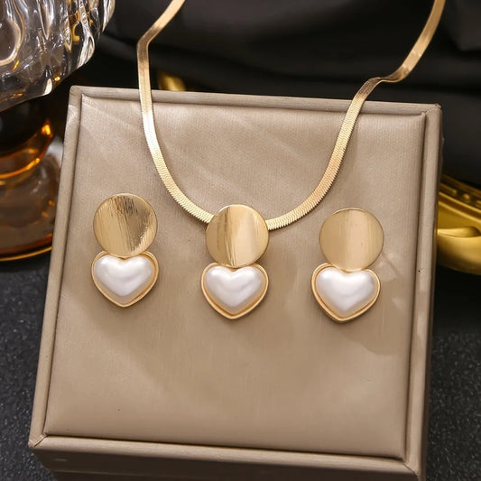 2pcs Set Minimalist Creative Gold Color Circular Heart-shaped Pendant Snake Bone Chain Necklace Earrings for Women Jewelry Sets