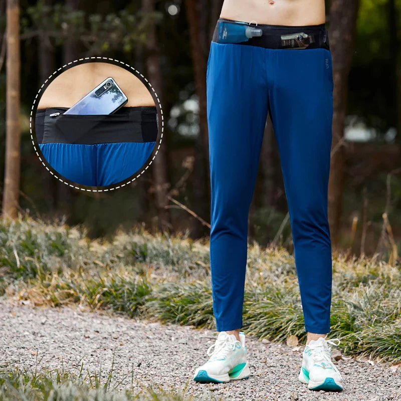 Lightweight Quick Dry Ice Silk Marathon Running Pants with Around waist Pack Breathable Workout Fitness Jogging Sport Trousers