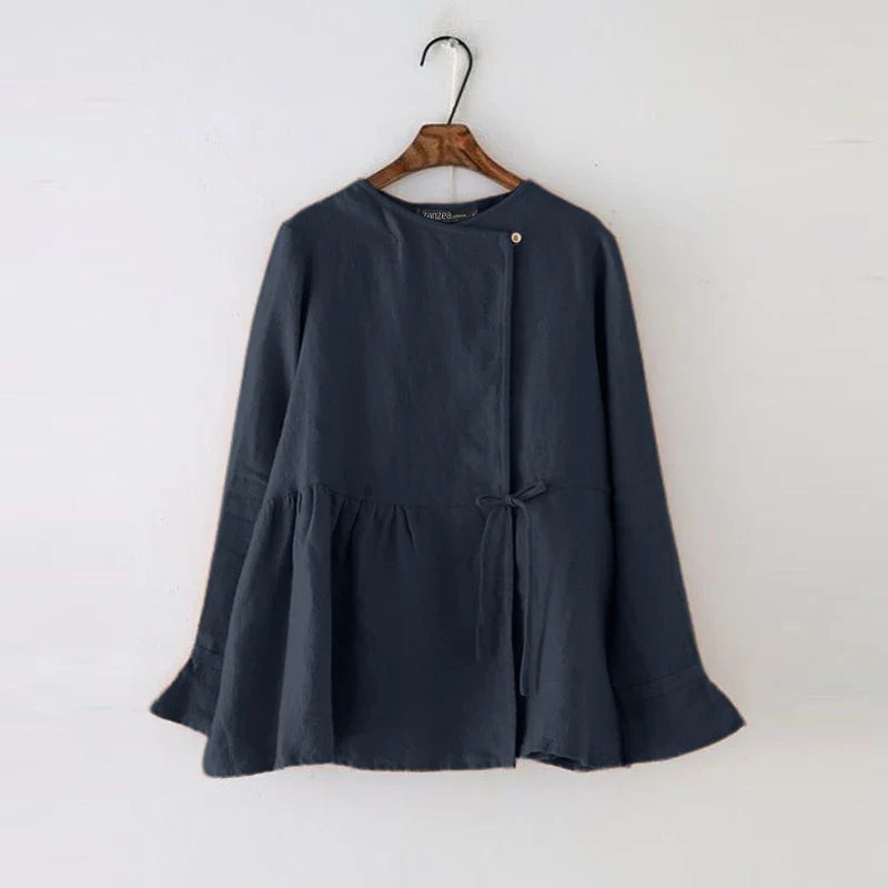 2024 Fashion Vintage Women Long Flare Sleeve Blouse Spring Cotton Shirt Casual Work Blusas Mujer Solid Lace Up Tops Tunic