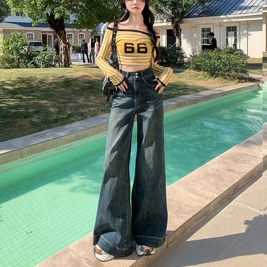 High-waisted Wide-leg Jeans Denim Flared Straight Pants