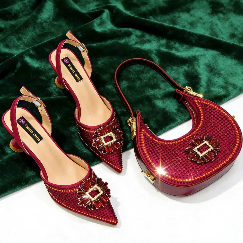 Sapatos Elegantes de Festa Femininos Nigerianos com Salto Médio e Bolsa Combinando – Calçados da Moda de Bico Fino para Ocasiões Especiais